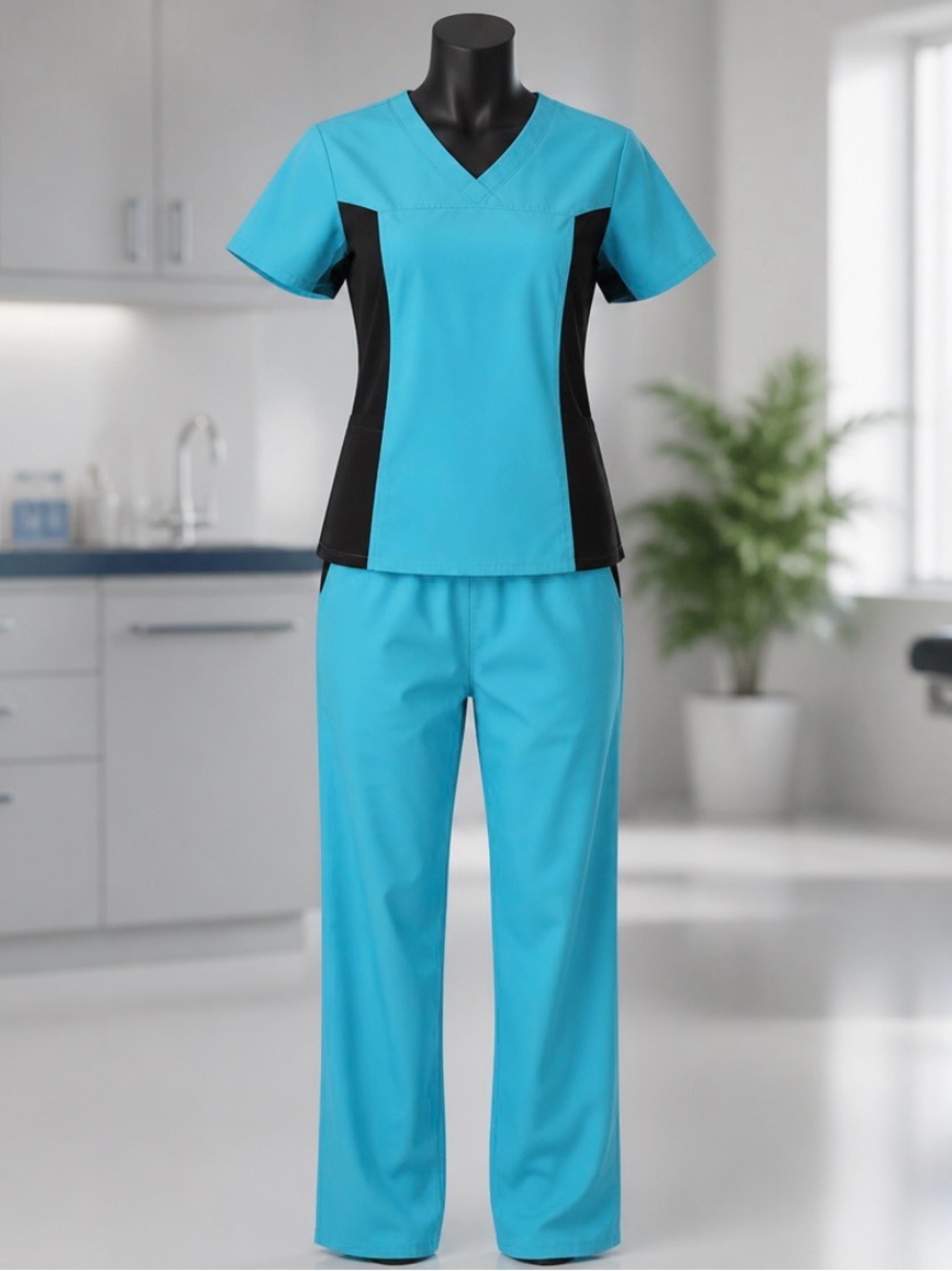 Aqua & Black V-Neck Medical Scrub Set for Women
